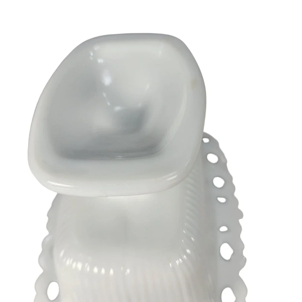 Vintage White Milk Glass Pedestal Bowl Open Lace Edge Ribbed Candy Dish Planter